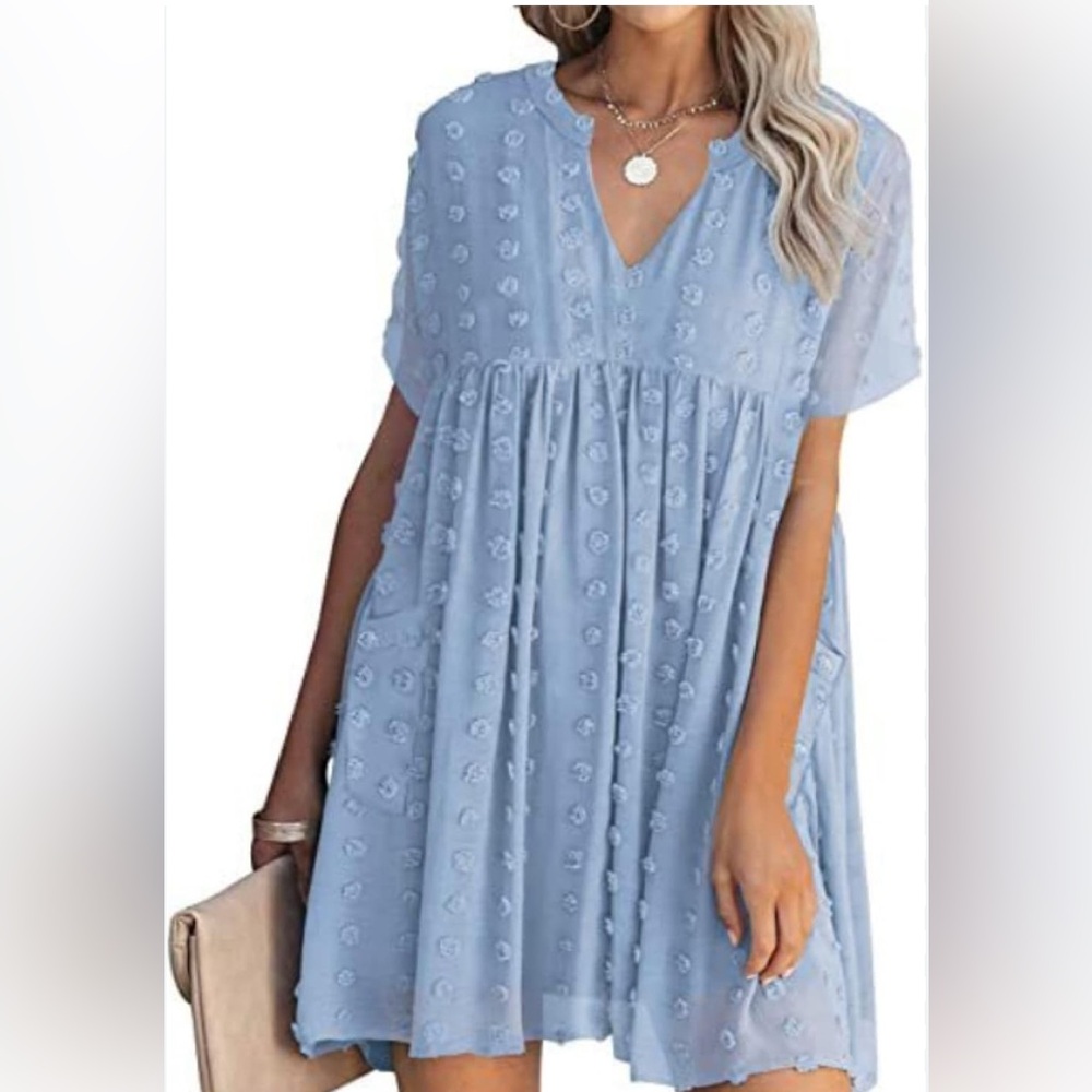MIHOLL Women’s V-Neck Short Sleeve Swiss Dot A-Line Mini Dress